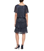 Ignite Evenings Shimmer Tiered Ruffle V-Neck Embellishment Short Flutter Sleeve Shift Dress