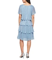 Ignite Evenings Shimmer Tiered Ruffle V-Neck Embellishment Short Flutter Sleeve Shift Dress
