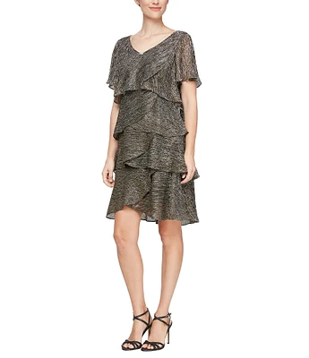 Ignite Evenings Shimmer Tiered Ruffle V-Neck Embellishment Short Flutter Sleeve Shift Dress