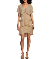 Ignite Evenings Shimmer Tiered Ruffle V-Neck Embellishment Short Flutter Sleeve Shift Dress