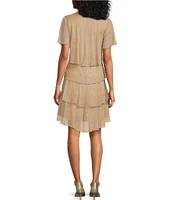 Ignite Evenings Shimmer Tiered Ruffle V-Neck Embellishment Short Flutter Sleeve Shift Dress