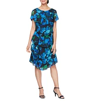 Ignite Evenings Short Caplet Sleeve Tiered Floral Print Dress