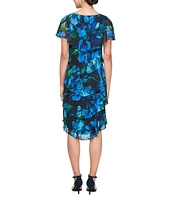 Ignite Evenings Short Caplet Sleeve Tiered Floral Print Dress
