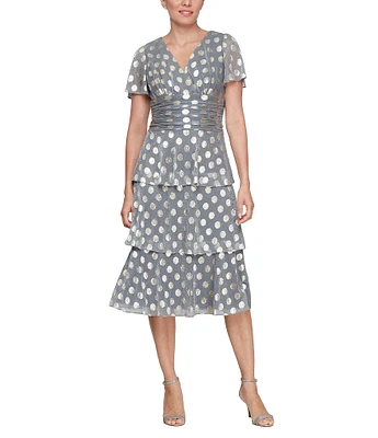 Ignite Evenings Short Flutter Sleeve Cold Shoulder Surplice V-Neck Polka Dot Tier Chiffon Dress