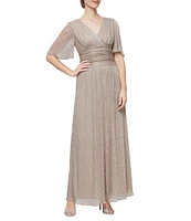 Ignite Evenings Short Flutter Sleeve Surplice V-Neck Ruched Waist A-Line Gown