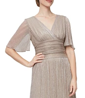 Ignite Evenings Short Flutter Sleeve Surplice V-Neck Ruched Waist A-Line Gown