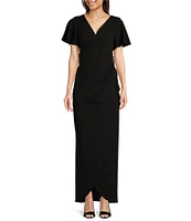 Ignite Evenings Short Flutter Sleeve V-Neck Glitter Knit Empire Embellished Waist Faux Wrap Maxi Dress