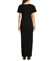 Ignite Evenings Short Flutter Sleeve V-Neck Glitter Knit Empire Embellished Waist Faux Wrap Maxi Dress