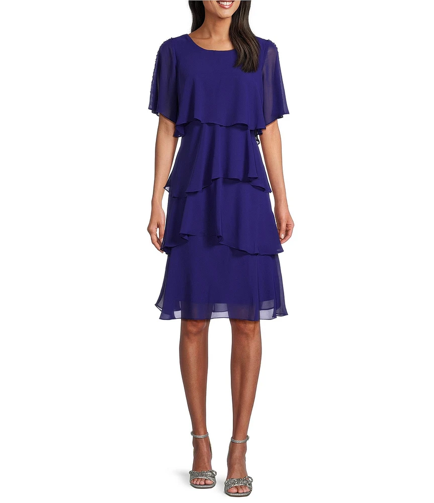 Ignite Evenings Short Sleeve Chiffon Tiered Shift Dress