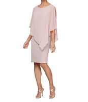 Ignite Evenings Short Sleeve Crew Neck Asymmetric Overlay Bodice Glitter Sheath Dress