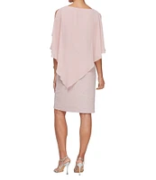 Ignite Evenings Short Sleeve Crew Neck Asymmetric Overlay Bodice Glitter Sheath Dress