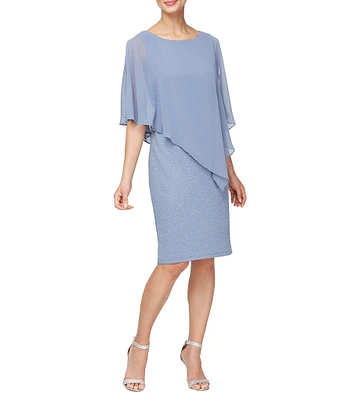 Ignite Evenings Short Sleeve Crew Neck Asymmetric Overlay Bodice Glitter Sheath Dress