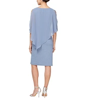 Ignite Evenings Short Sleeve Crew Neck Asymmetric Overlay Bodice Glitter Sheath Dress