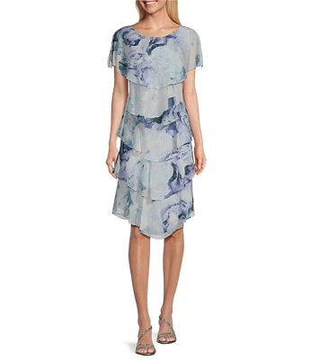 Ignite Evenings Short Sleeve Crew Neck Floral Tiered Dress