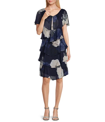 Ignite Evenings Short Sleeve Embellished V-Neck Floral Tiered Chiffon Dress