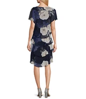 Ignite Evenings Short Sleeve Embellished V-Neck Floral Tiered Chiffon Dress