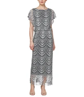 Ignite Evenings Short Sleeve Fringe Hem Crochet Blouson Round Neck Dress