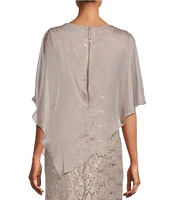 Ignite Evenings Short Sleeve Boat Neck Beaded Sequin Floral Lace Capelet Gown