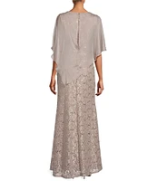 Ignite Evenings Short Sleeve Boat Neck Beaded Sequin Floral Lace Capelet Gown