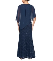 Ignite Evenings Short Sleeve Boat Neck Beaded Sequin Floral Lace Capelet Gown