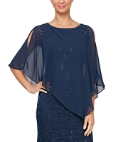 Ignite Evenings Short Sleeve Boat Neck Beaded Sequin Floral Lace Capelet Gown