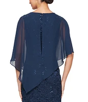 Ignite Evenings Short Sleeve Boat Neck Beaded Sequin Floral Lace Capelet Gown