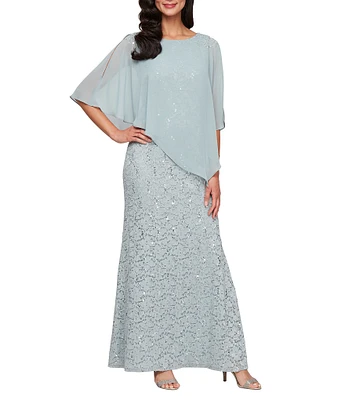 Ignite Evenings Short Sleeve Boat Neck Beaded Sequin Floral Lace Capelet Gown