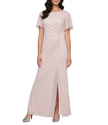 Ignite Evenings Short Sleeve Round Neck Front Slit Glitter Jersey Dress