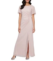 Ignite Evenings Short Sleeve Round Neck Front Slit Glitter Jersey Dress