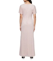 Ignite Evenings Short Sleeve Round Neck Front Slit Glitter Jersey Dress