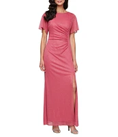 Ignite Evenings Short Sleeve Round Neck Front Slit Glitter Jersey Dress