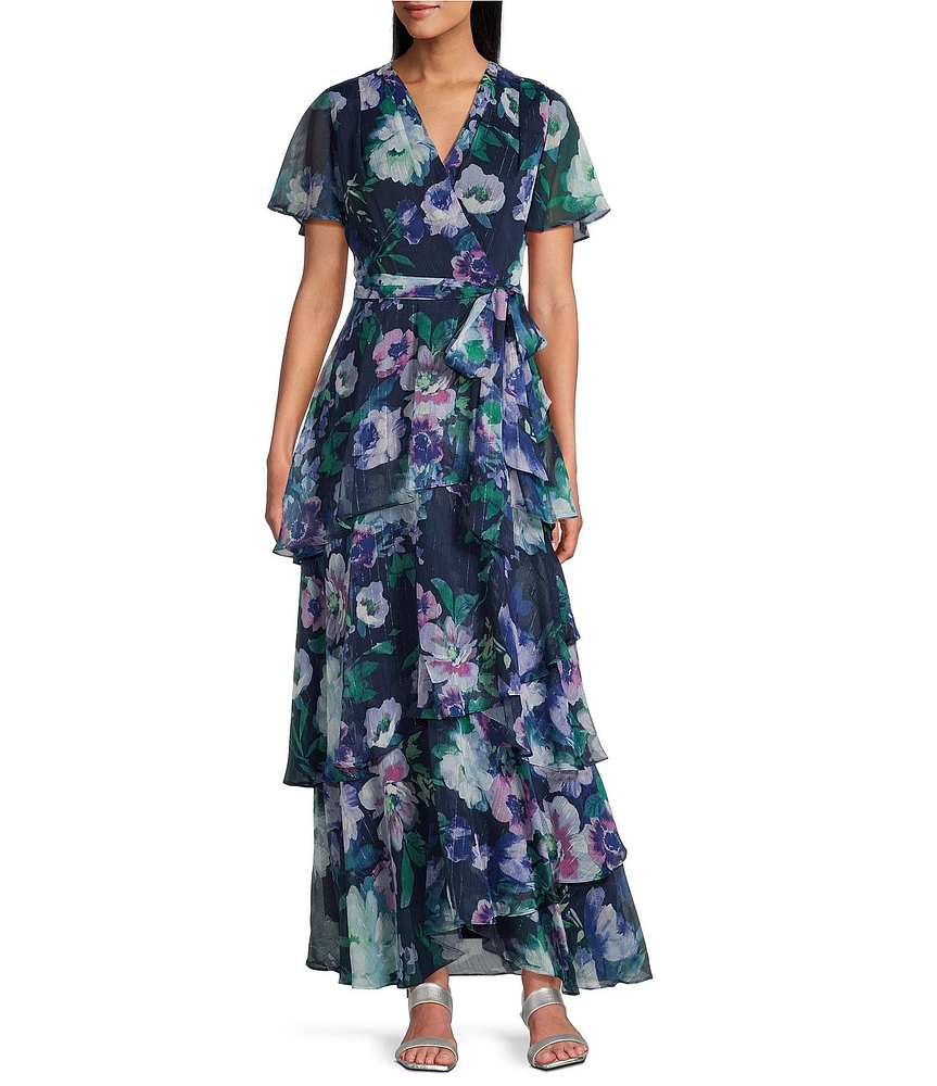 Ignite Evenings Short Sleeve Tiered Faux Wrap Floral Chiffon Maxi Dress