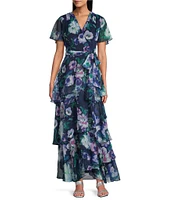 Ignite Evenings Short Sleeve Tiered Faux Wrap Floral Chiffon Maxi Dress