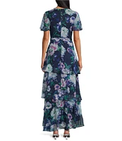 Ignite Evenings Short Sleeve Tiered Faux Wrap Floral Chiffon Maxi Dress