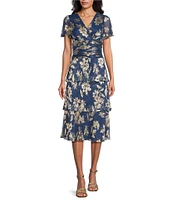 Ignite Evenings Short Sleeve V-Neck Tiered Floral Midi Dress