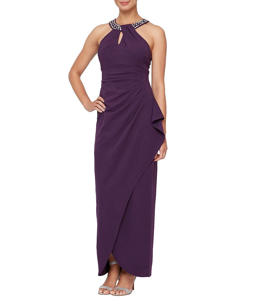 Ignite Evenings Petite Size Scuba Crepe Sleeveless Beaded Twisted Halter Neck Ruffled Gown