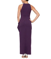 Ignite Evenings Petite Size Scuba Crepe Sleeveless Beaded Twisted Halter Neck Ruffled Gown