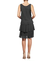 Ignite Evenings Sleeveless Crew Neck Tulip Tiered Chiffon Shift Dress