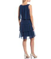 Ignite Evenings Sleeveless Crew Neck Tulip Tiered Chiffon Shift Dress