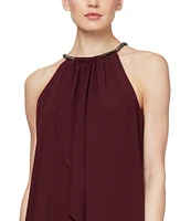 Ignite Evenings Chiffon Sleeveless Embellished Halter Neck Flowy Front Dress