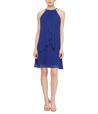 Ignite Evenings Chiffon Sleeveless Embellished Halter Neck Flowy Front Dress