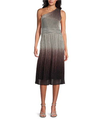 Ignite Evenings Sleeveless One Shoulder Ombre Metallic Sheath Midi Dress