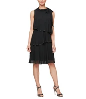 Ignite Evenings Sleeveless Tie Neck Chiffon Tiered with Bead Trim Dress