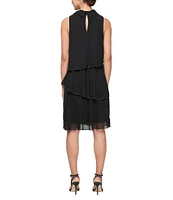 Ignite Evenings Sleeveless Tie Neck Chiffon Tiered with Bead Trim Dress