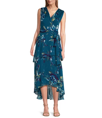 Ignite Evenings Sleeveless V-Neck Tie Waist Floral Midi Dress