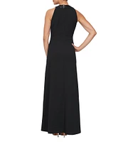 Ignite Evenings Stretch Crepe Sequin Cascade Sequin Ruffle Halter Neck Sleeveless Sheath Gown