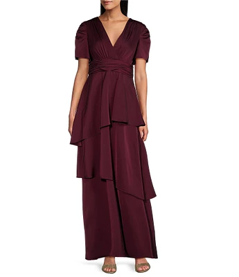 Ignite Evenings Surplice Neck Flutter Sleeve Asymmetric Tiered Skirt Satin Charmeuse Sheath Dress