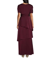 Ignite Evenings Surplice Neck Flutter Sleeve Asymmetric Tiered Skirt Satin Charmeuse Sheath Dress