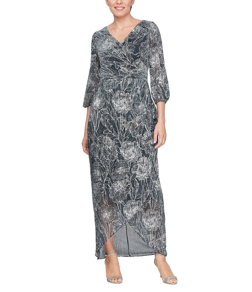 Ignite Evenings Surplice Neck Long Bubble Sleeve Cascade Overlay Skirt Floral Foil Printed Sheath Gown