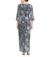 Ignite Evenings Surplice Neck Long Bubble Sleeve Cascade Overlay Skirt Floral Foil Printed Sheath Gown